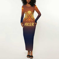 Aker Long Sleeve Bodycon Dress Ancient Egyptian Sunset Gradient, Twin Lion Guardians, and Solar Disc - Wonder Print Shop