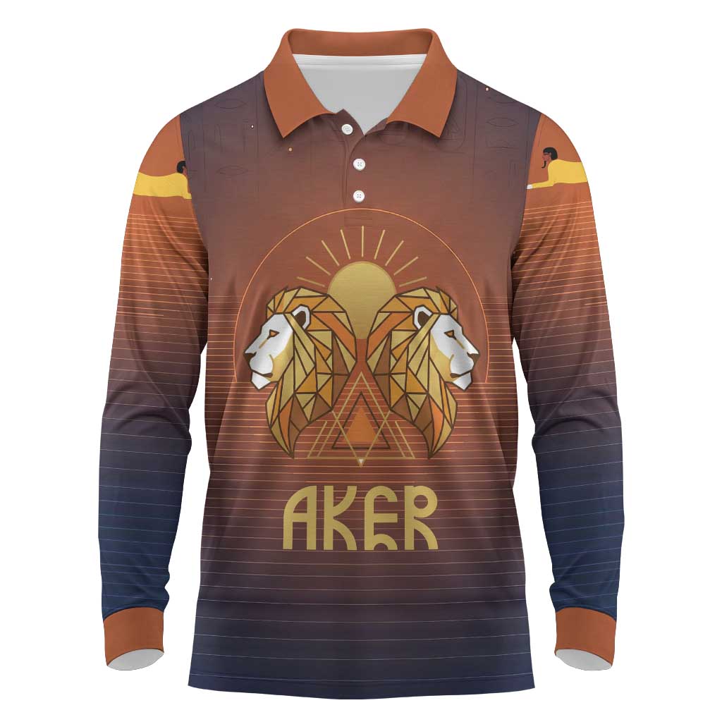 Aker Long Sleeve Polo Shirt Ancient Egyptian Sunset Gradient, Twin Lion Guardians, and Solar Disc - Wonder Print Shop
