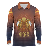 Aker Long Sleeve Polo Shirt Ancient Egyptian Sunset Gradient, Twin Lion Guardians, and Solar Disc - Wonder Print Shop