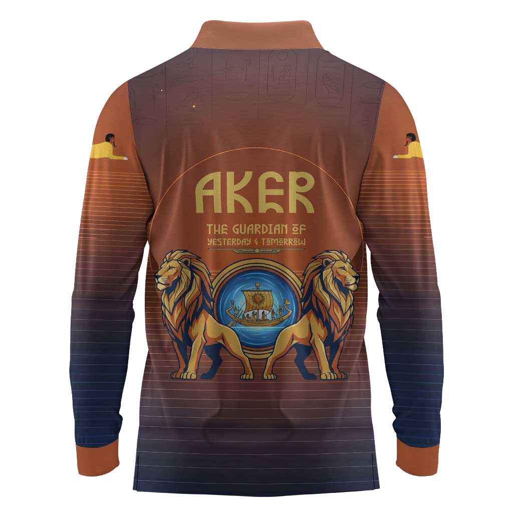 Aker Long Sleeve Polo Shirt Ancient Egyptian Sunset Gradient, Twin Lion Guardians, and Solar Disc - Wonder Print Shop