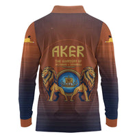 Aker Long Sleeve Polo Shirt Ancient Egyptian Sunset Gradient, Twin Lion Guardians, and Solar Disc - Wonder Print Shop