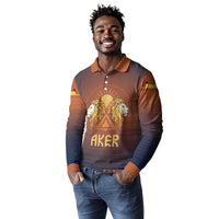 Aker Long Sleeve Polo Shirt Ancient Egyptian Sunset Gradient, Twin Lion Guardians, and Solar Disc - Wonder Print Shop