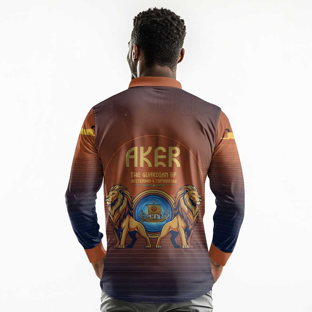 Aker Long Sleeve Polo Shirt Ancient Egyptian Sunset Gradient, Twin Lion Guardians, and Solar Disc - Wonder Print Shop