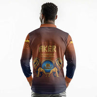 Aker Long Sleeve Polo Shirt Ancient Egyptian Sunset Gradient, Twin Lion Guardians, and Solar Disc - Wonder Print Shop