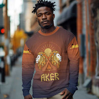 Aker Long Sleeve Shirt Ancient Egyptian Sunset Gradient, Twin Lion Guardians, and Solar Disc - Wonder Print Shop