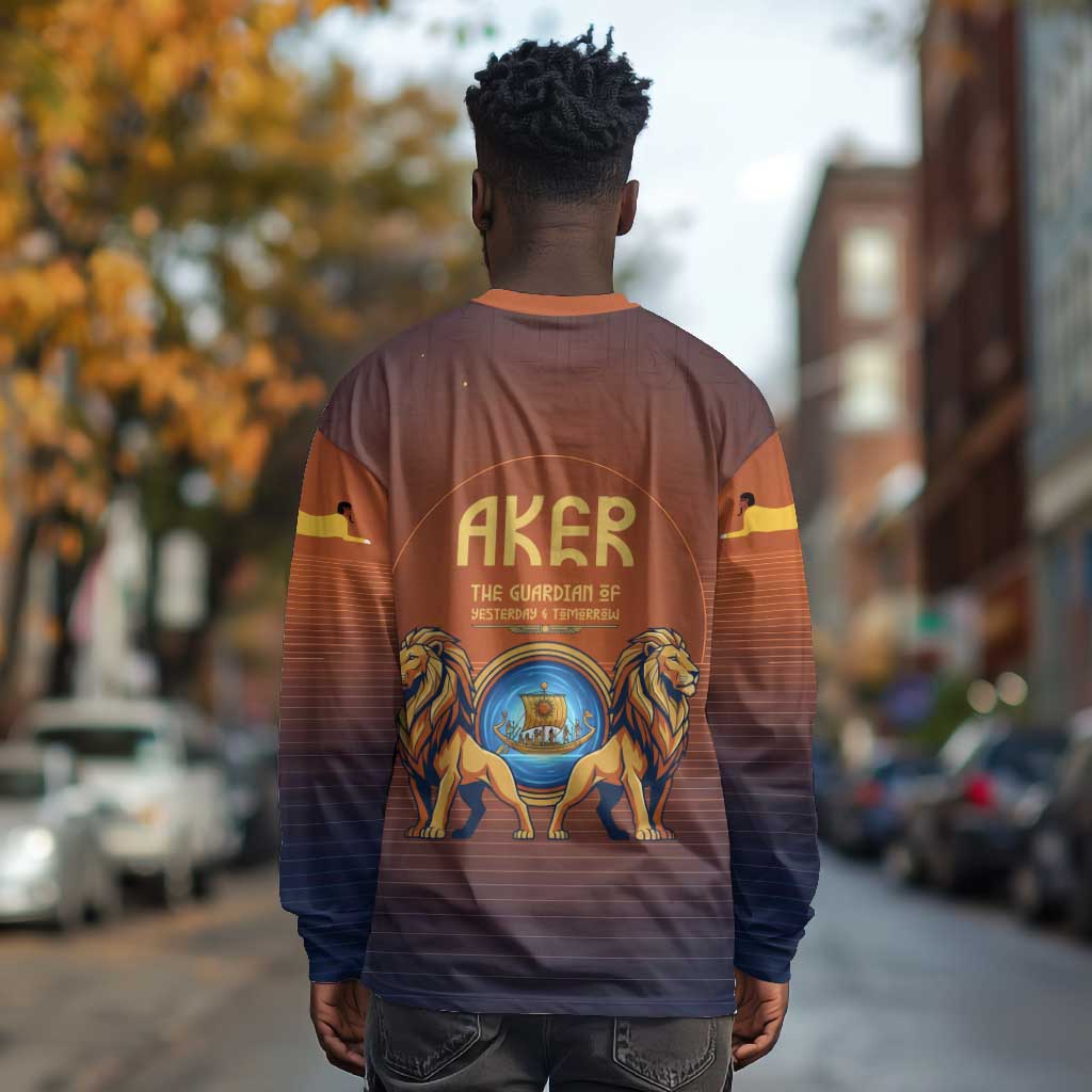 Aker Long Sleeve Shirt Ancient Egyptian Sunset Gradient, Twin Lion Guardians, and Solar Disc - Wonder Print Shop