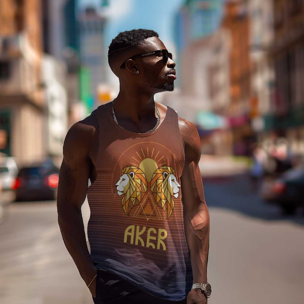 Aker Men Tank Top Ancient Egyptian Sunset Gradient, Twin Lion Guardians, and Solar Disc - Wonder Print Shop