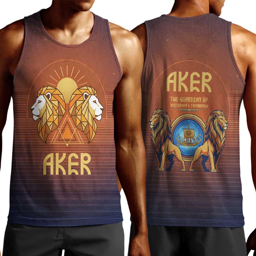 Aker Men Tank Top Ancient Egyptian Sunset Gradient, Twin Lion Guardians, and Solar Disc - Wonder Print Shop
