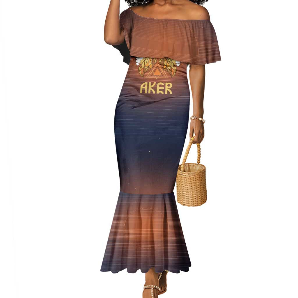 Aker Mermaid Dress Ancient Egyptian Sunset Gradient, Twin Lion Guardians, and Solar Disc - Wonder Print Shop