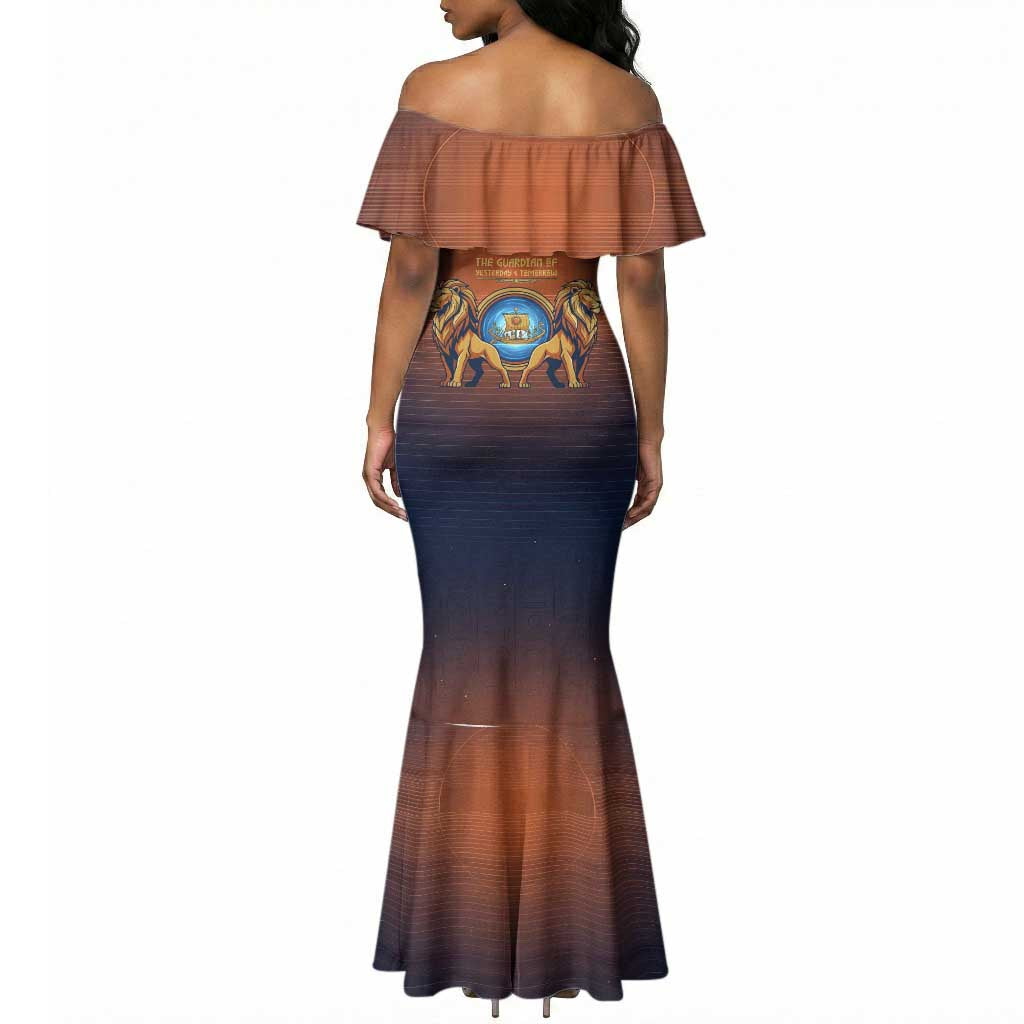 Aker Mermaid Dress Ancient Egyptian Sunset Gradient, Twin Lion Guardians, and Solar Disc - Wonder Print Shop