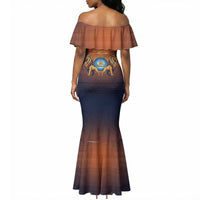 Aker Mermaid Dress Ancient Egyptian Sunset Gradient, Twin Lion Guardians, and Solar Disc - Wonder Print Shop