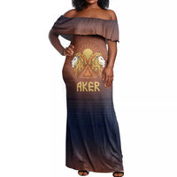 Aker Off Shoulder Maxi Dress Ancient Egyptian Sunset Gradient, Twin Lion Guardians, and Solar Disc - Wonder Print Shop
