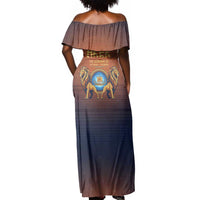 Aker Off Shoulder Maxi Dress Ancient Egyptian Sunset Gradient, Twin Lion Guardians, and Solar Disc - Wonder Print Shop