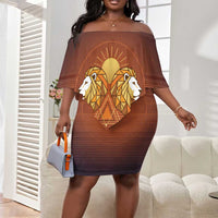 Aker Off Shoulder Short Dress Ancient Egyptian Sunset Gradient, Twin Lion Guardians, and Solar Disc - Wonder Print Shop