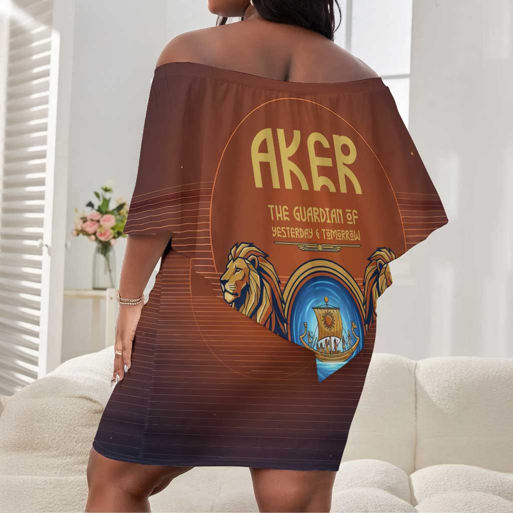 Aker Off Shoulder Short Dress Ancient Egyptian Sunset Gradient, Twin Lion Guardians, and Solar Disc - Wonder Print Shop