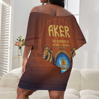 Aker Off Shoulder Short Dress Ancient Egyptian Sunset Gradient, Twin Lion Guardians, and Solar Disc - Wonder Print Shop