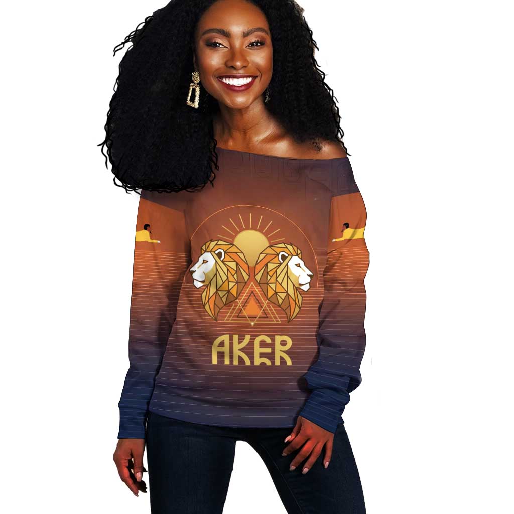 Aker Off Shoulder Sweater Ancient Egyptian Sunset Gradient, Twin Lion Guardians, and Solar Disc - Wonder Print Shop