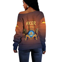 Aker Off Shoulder Sweater Ancient Egyptian Sunset Gradient, Twin Lion Guardians, and Solar Disc - Wonder Print Shop