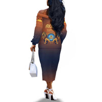 Aker Off The Shoulder Long Sleeve Dress Ancient Egyptian Sunset Gradient, Twin Lion Guardians, and Solar Disc - Wonder Print Shop