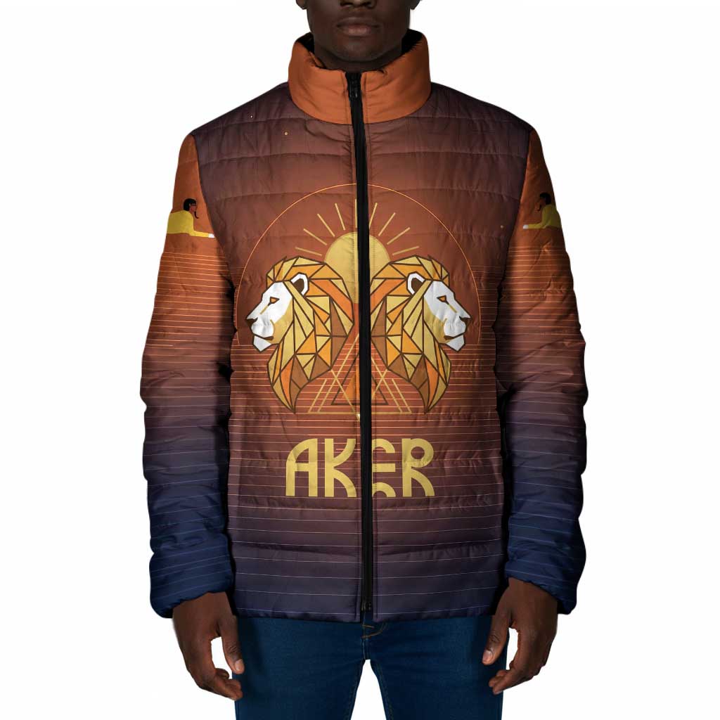 Aker Padded Jacket Ancient Egyptian Sunset Gradient, Twin Lion Guardians, and Solar Disc - Wonder Print Shop