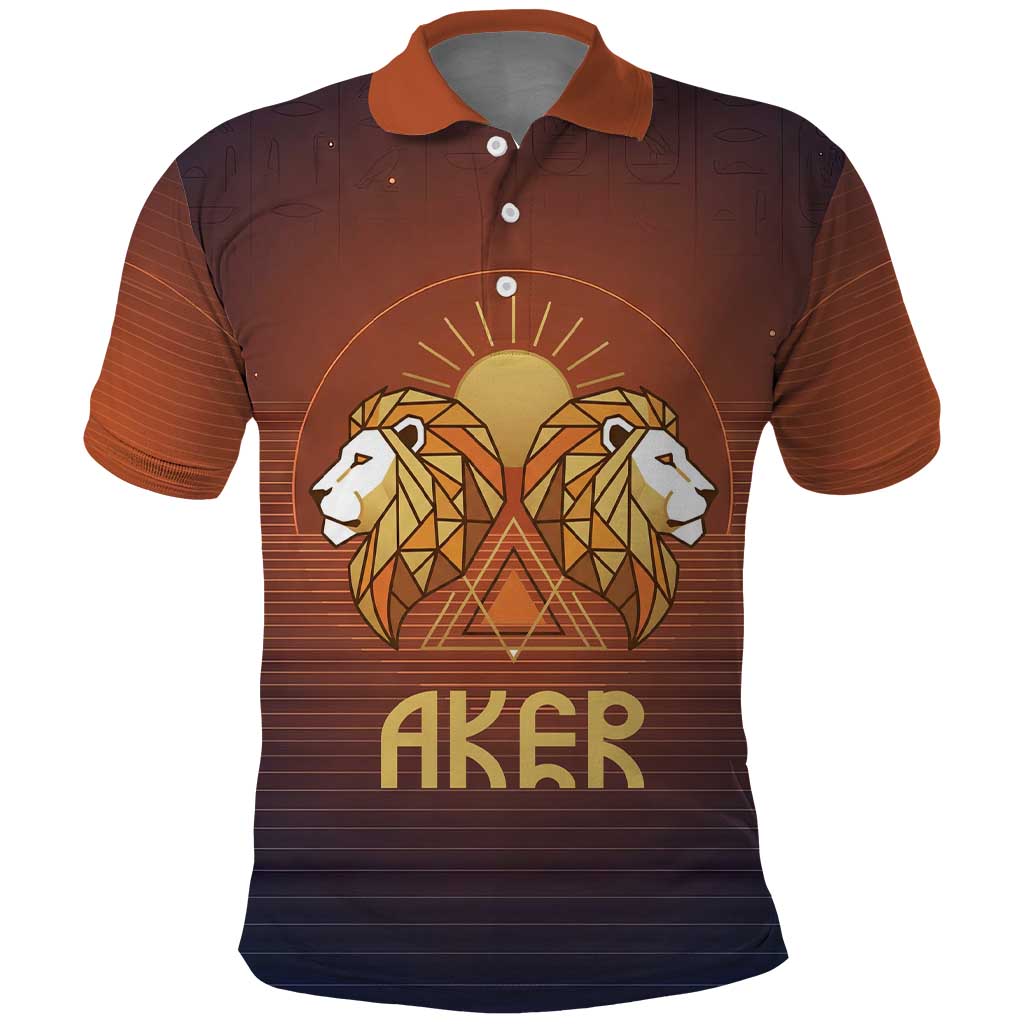 Aker Polo Shirt Ancient Egyptian Sunset Gradient, Twin Lion Guardians, and Solar Disc - Wonder Print Shop