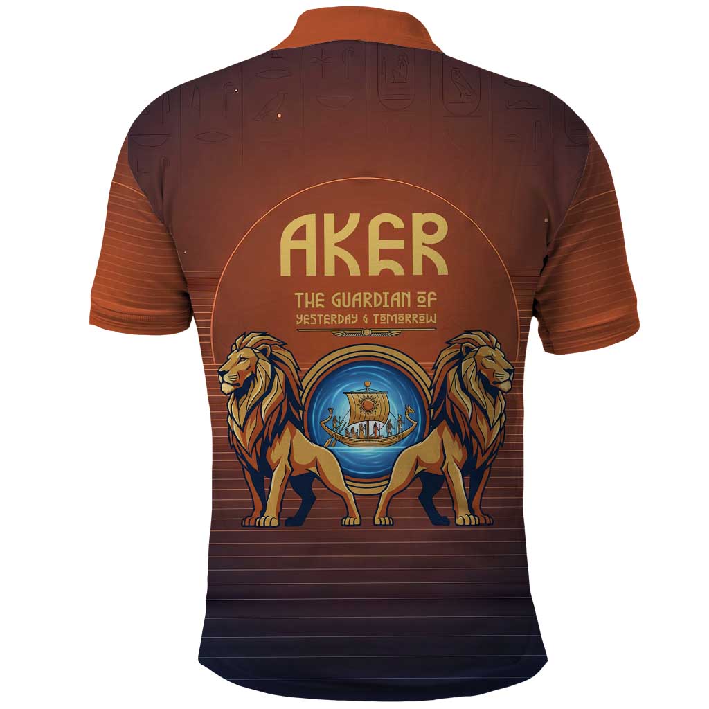 Aker Polo Shirt Ancient Egyptian Sunset Gradient, Twin Lion Guardians, and Solar Disc - Wonder Print Shop