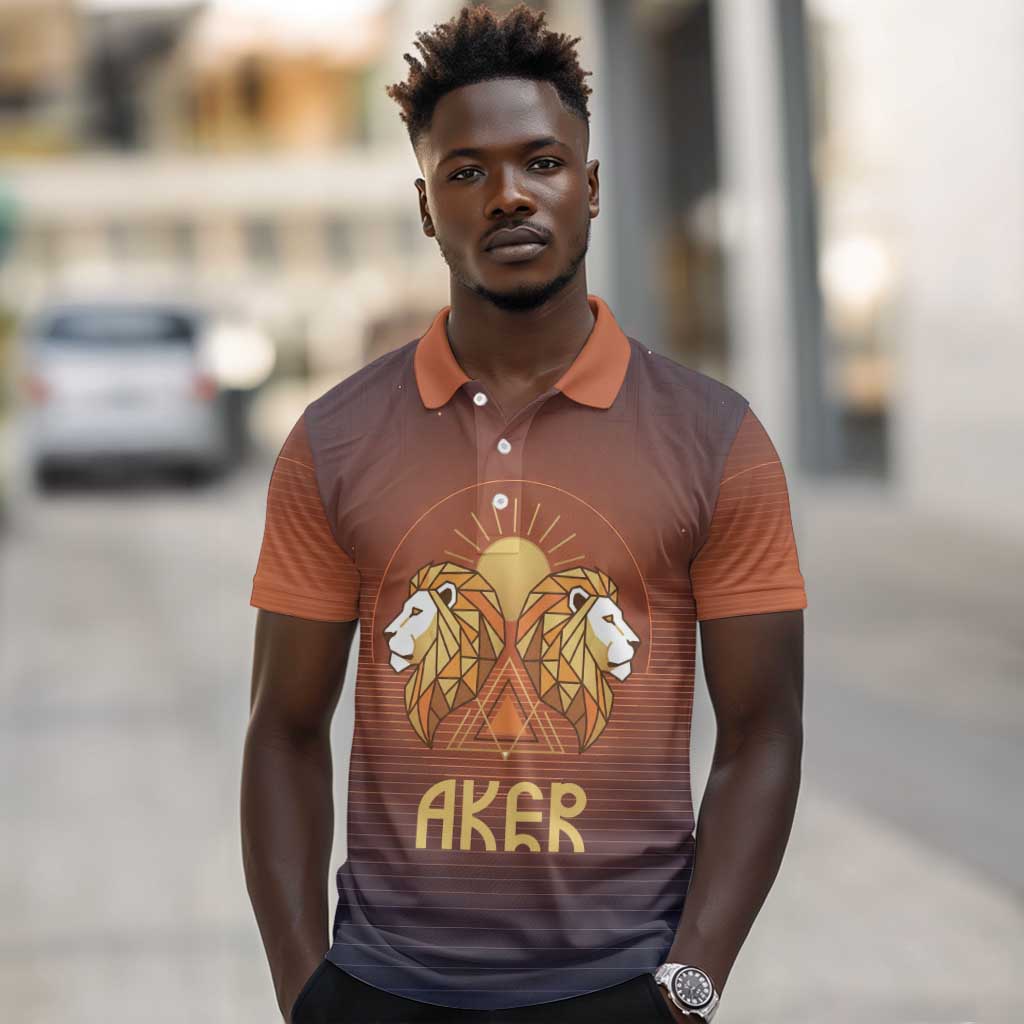 Aker Polo Shirt Ancient Egyptian Sunset Gradient, Twin Lion Guardians, and Solar Disc - Wonder Print Shop