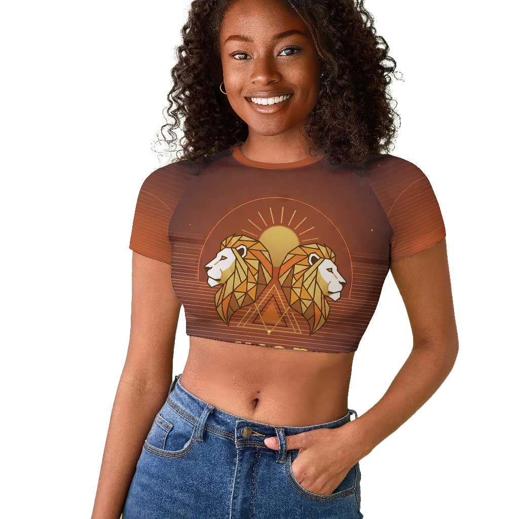 Aker Raglan Cropped T shirt Ancient Egyptian Sunset Gradient, Twin Lion Guardians, and Solar Disc - Wonder Print Shop