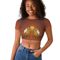 Aker Raglan Cropped T shirt Ancient Egyptian Sunset Gradient, Twin Lion Guardians, and Solar Disc - Wonder Print Shop