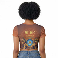 Aker Raglan Cropped T shirt Ancient Egyptian Sunset Gradient, Twin Lion Guardians, and Solar Disc - Wonder Print Shop