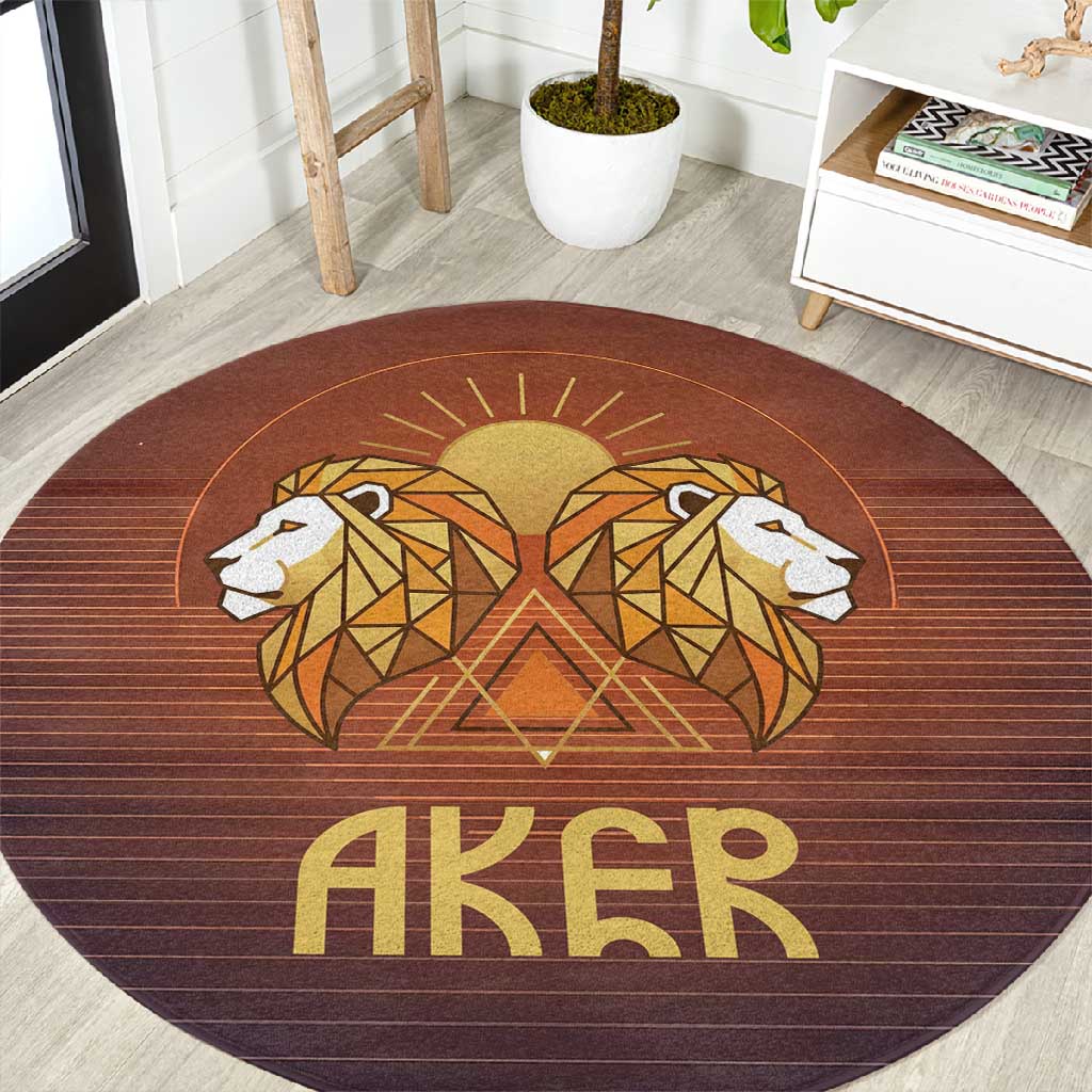 Aker Round Carpet Ancient Egyptian Sunset Gradient, Twin Lion Guardians, and Solar Disc - Wonder Print Shop