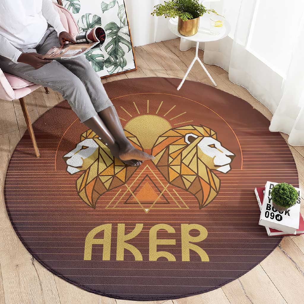 Aker Round Carpet Ancient Egyptian Sunset Gradient, Twin Lion Guardians, and Solar Disc - Wonder Print Shop