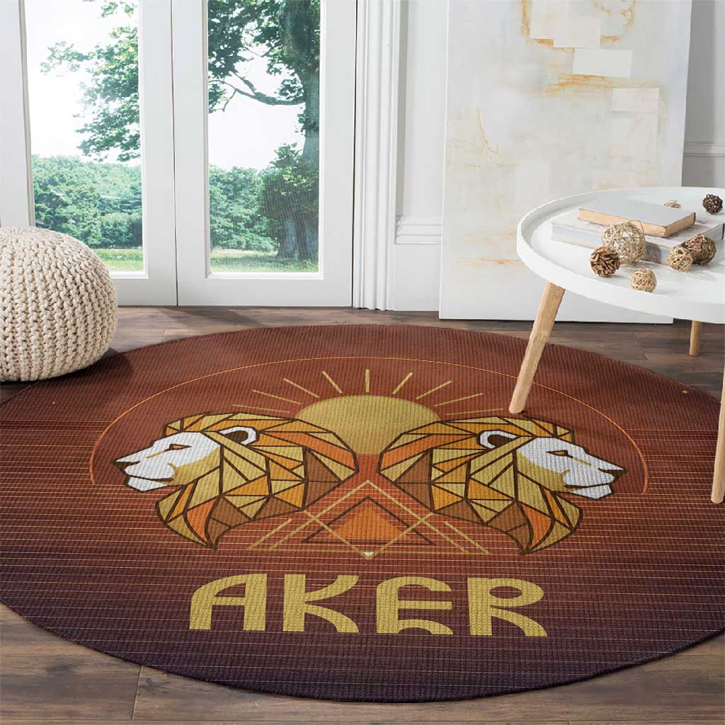 Aker Round Carpet Ancient Egyptian Sunset Gradient, Twin Lion Guardians, and Solar Disc - Wonder Print Shop