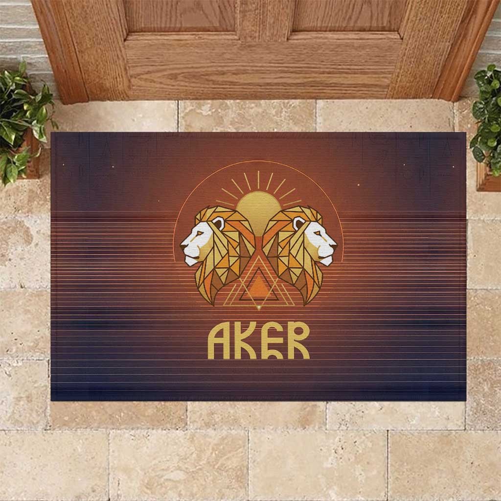 Aker Rubber Doormat Ancient Egyptian Sunset Gradient, Twin Lion Guardians, and Solar Disc - Wonder Print Shop