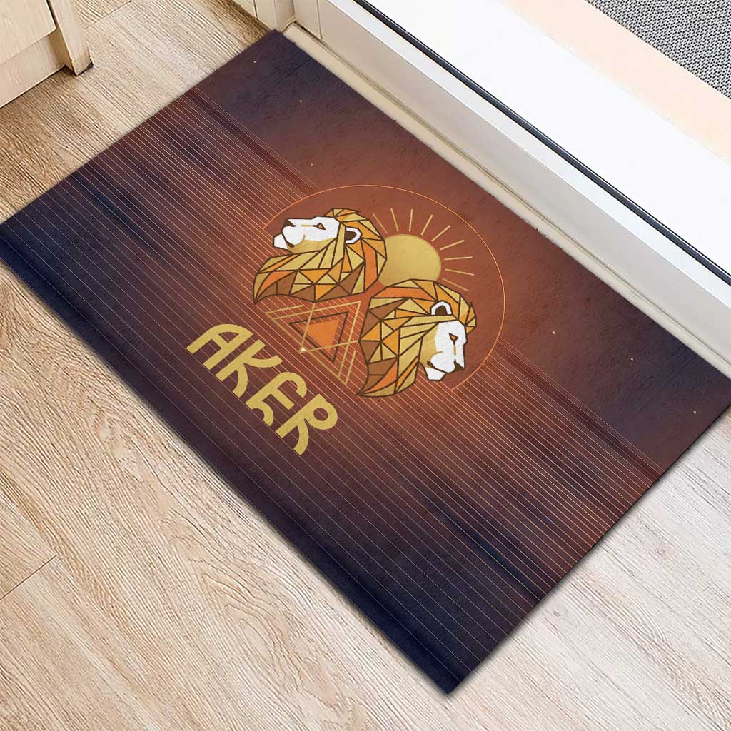 Aker Rubber Doormat Ancient Egyptian Sunset Gradient, Twin Lion Guardians, and Solar Disc - Wonder Print Shop