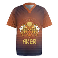 Aker Rugby Jersey Ancient Egyptian Sunset Gradient, Twin Lion Guardians, and Solar Disc - Wonder Print Shop