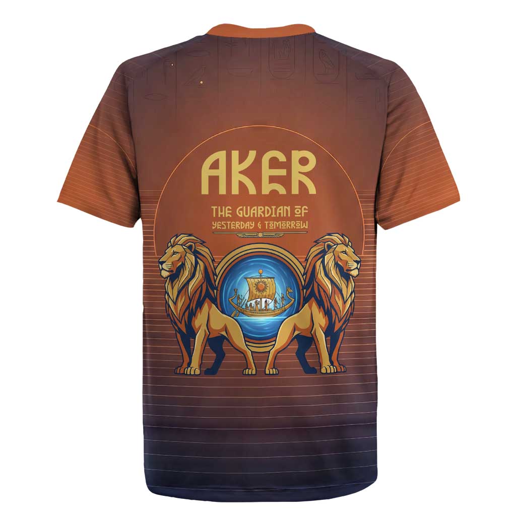 Aker Rugby Jersey Ancient Egyptian Sunset Gradient, Twin Lion Guardians, and Solar Disc - Wonder Print Shop
