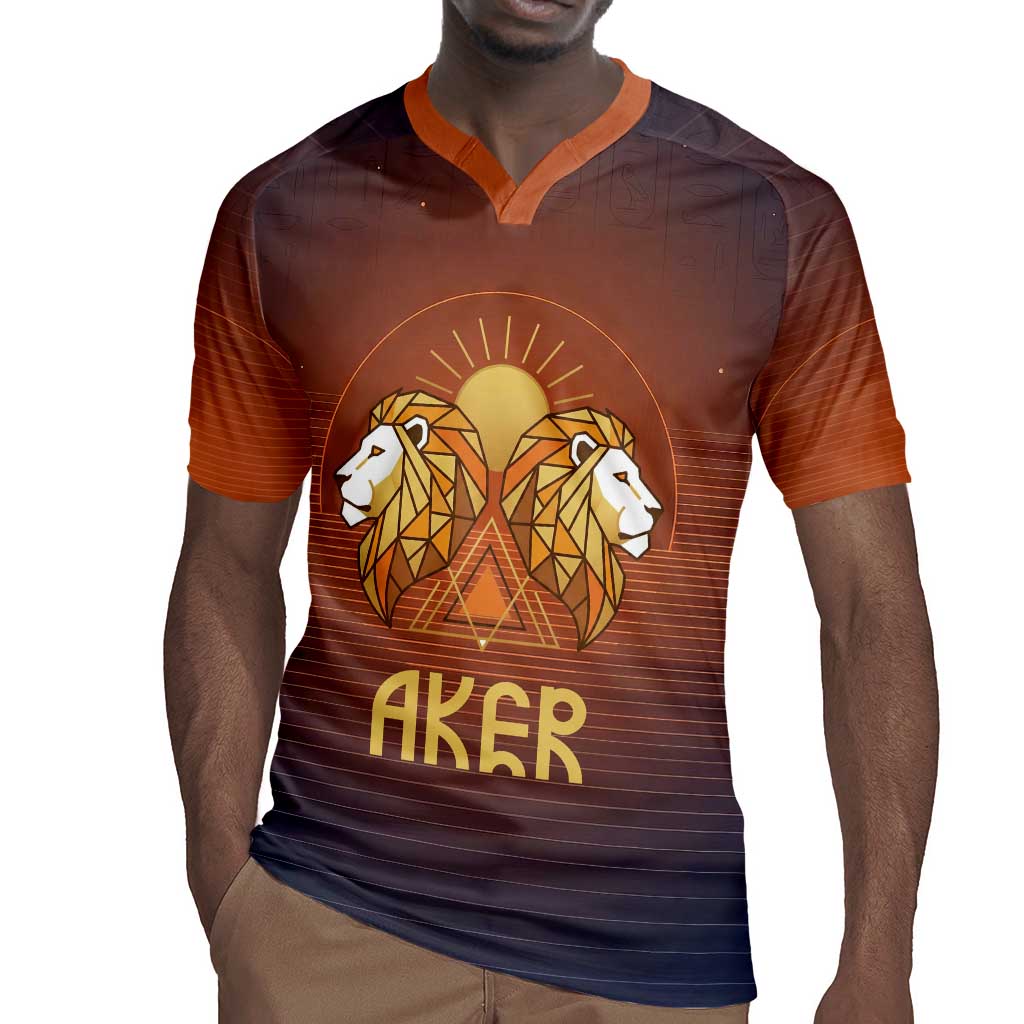 Aker Rugby Jersey Ancient Egyptian Sunset Gradient, Twin Lion Guardians, and Solar Disc - Wonder Print Shop