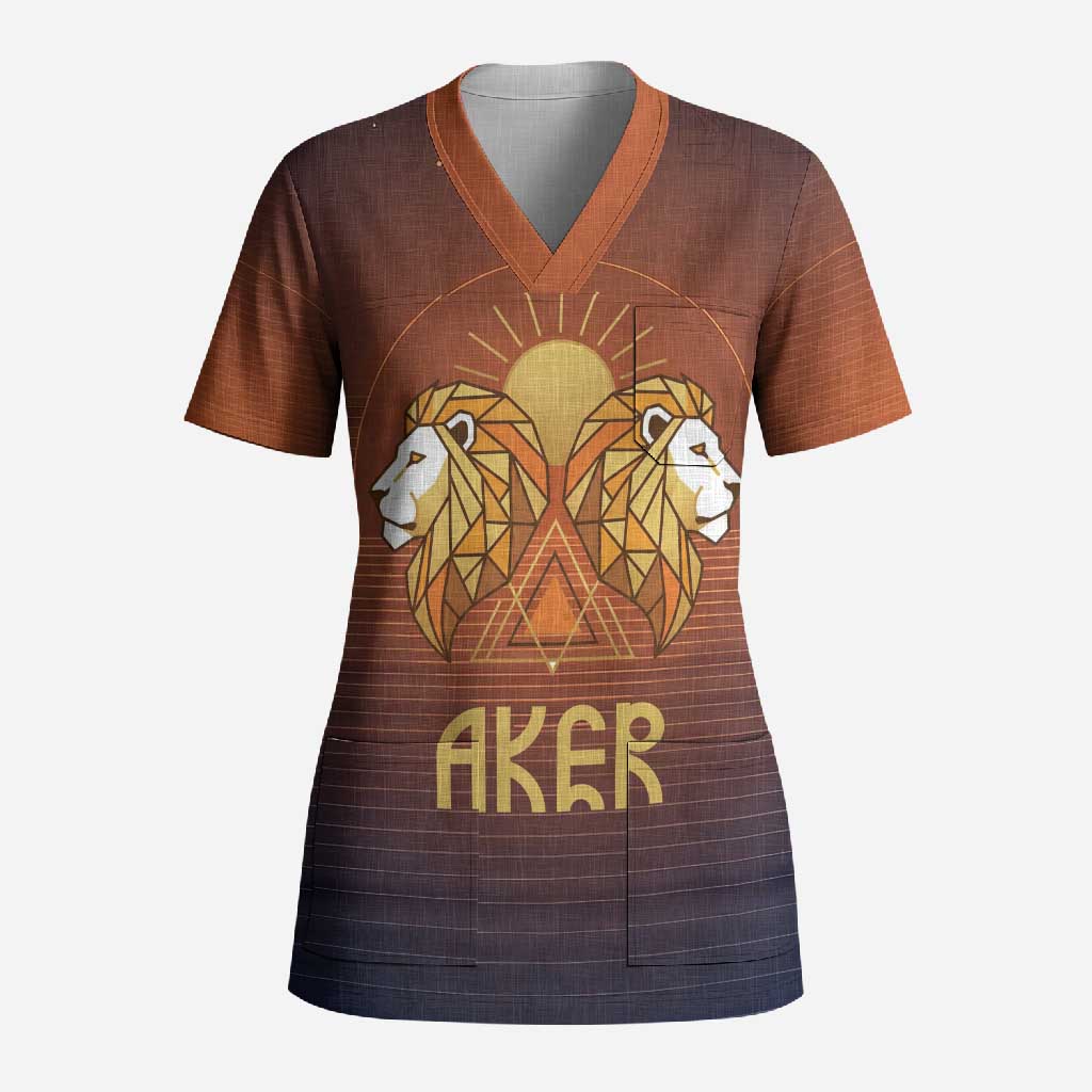 Aker Scrub Top Ancient Egyptian Sunset Gradient, Twin Lion Guardians, and Solar Disc - Wonder Print Shop