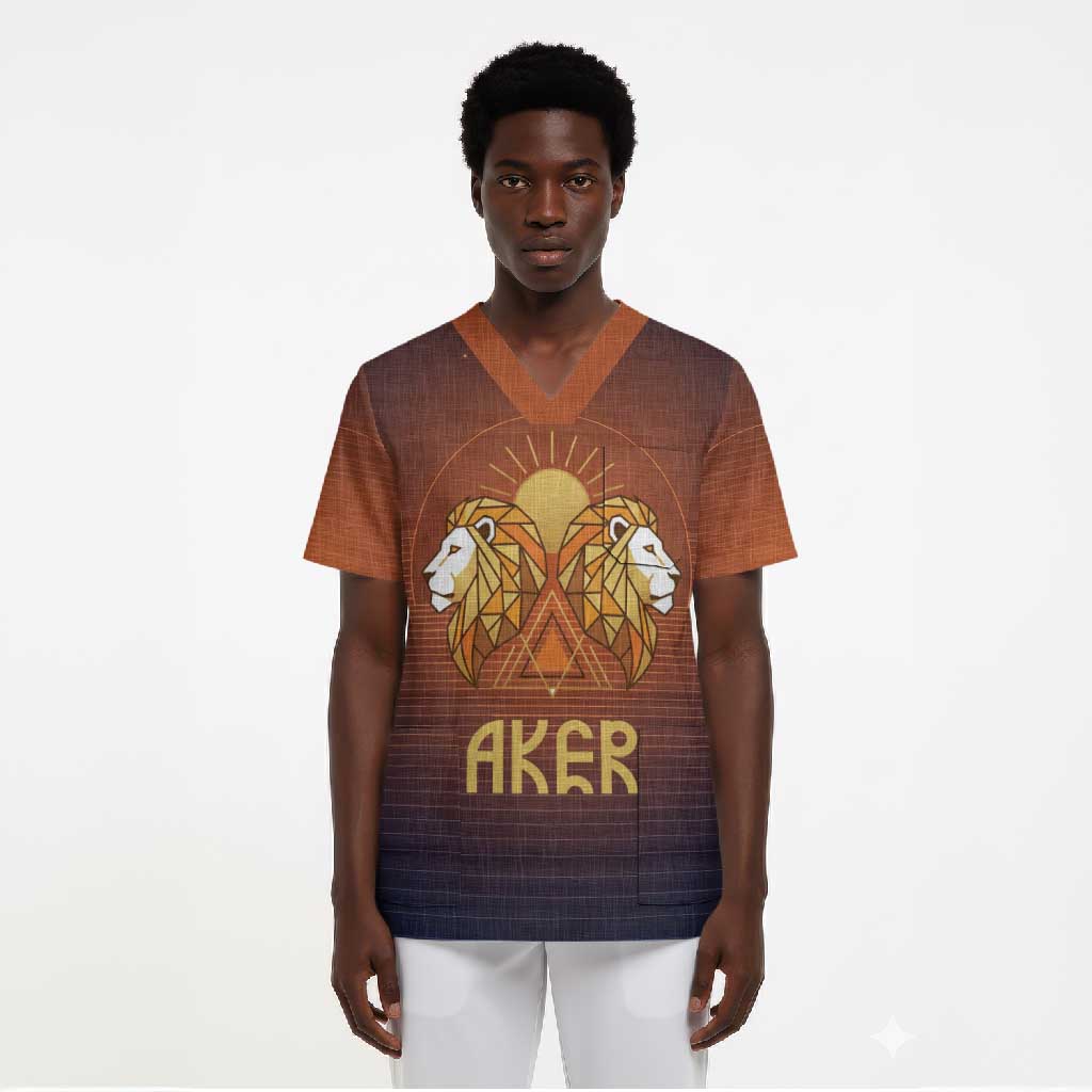 Aker Scrub Top Ancient Egyptian Sunset Gradient, Twin Lion Guardians, and Solar Disc - Wonder Print Shop