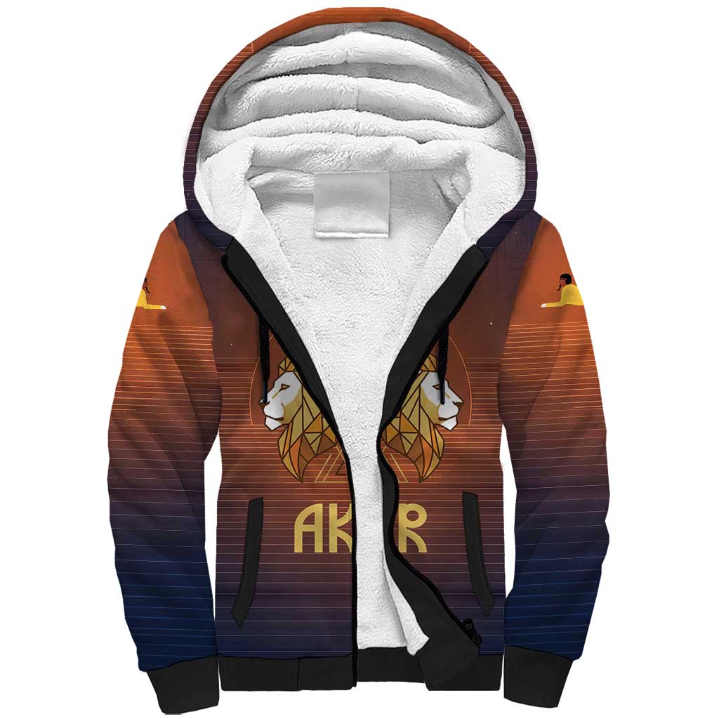 Aker Sherpa Hoodie Ancient Egyptian Sunset Gradient, Twin Lion Guardians, and Solar Disc - Wonder Print Shop