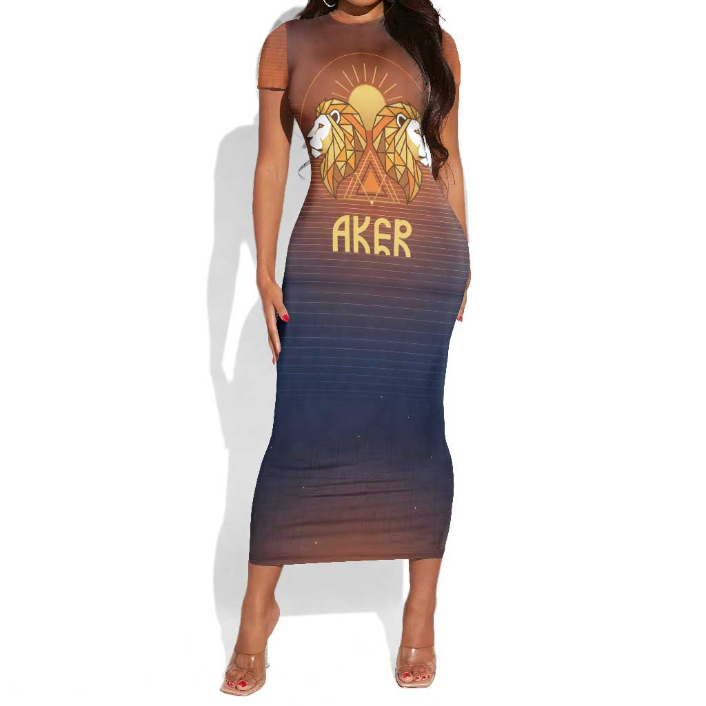Aker Short Sleeve Bodycon Dress Ancient Egyptian Sunset Gradient, Twin Lion Guardians, and Solar Disc - Wonder Print Shop