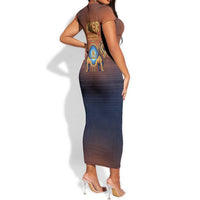 Aker Short Sleeve Bodycon Dress Ancient Egyptian Sunset Gradient, Twin Lion Guardians, and Solar Disc - Wonder Print Shop