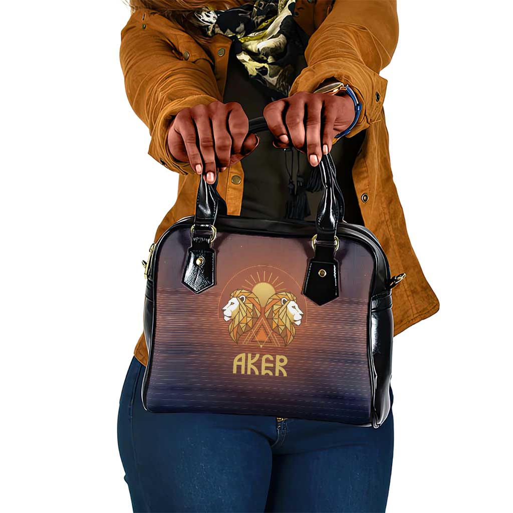 Aker Shoulder Handbag Ancient Egyptian Sunset Gradient, Twin Lion Guardians, and Solar Disc - Wonder Print Shop