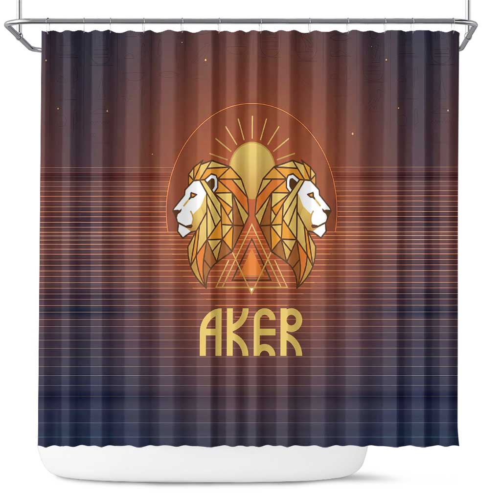 Aker Shower Curtain Ancient Egyptian Sunset Gradient, Twin Lion Guardians, and Solar Disc - Wonder Print Shop
