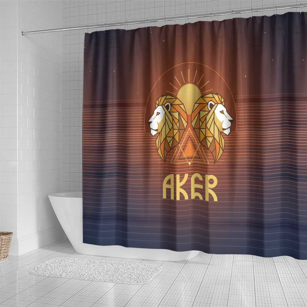 Aker Shower Curtain Ancient Egyptian Sunset Gradient, Twin Lion Guardians, and Solar Disc - Wonder Print Shop