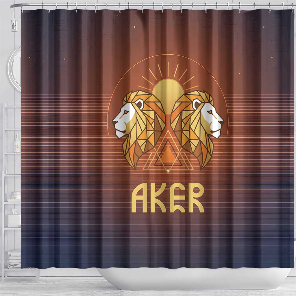 Aker Shower Curtain Ancient Egyptian Sunset Gradient, Twin Lion Guardians, and Solar Disc - Wonder Print Shop