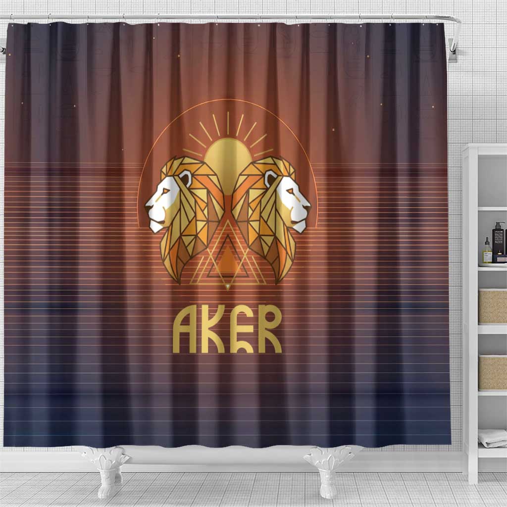 Aker Shower Curtain Ancient Egyptian Sunset Gradient, Twin Lion Guardians, and Solar Disc - Wonder Print Shop