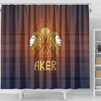 Aker Shower Curtain Ancient Egyptian Sunset Gradient, Twin Lion Guardians, and Solar Disc - Wonder Print Shop