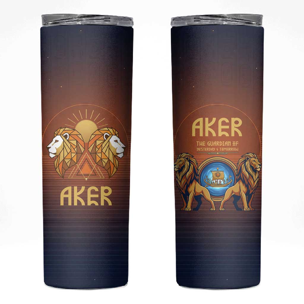 Aker Skinny Tumbler Ancient Egyptian Sunset Gradient, Twin Lion Guardians, and Solar Disc - Wonder Print Shop